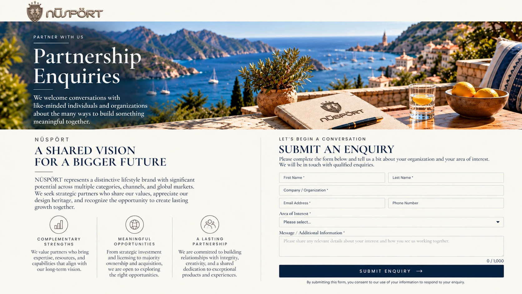 Mediterranean coastal scene introducing NŪSPÖRT partnership enquiries